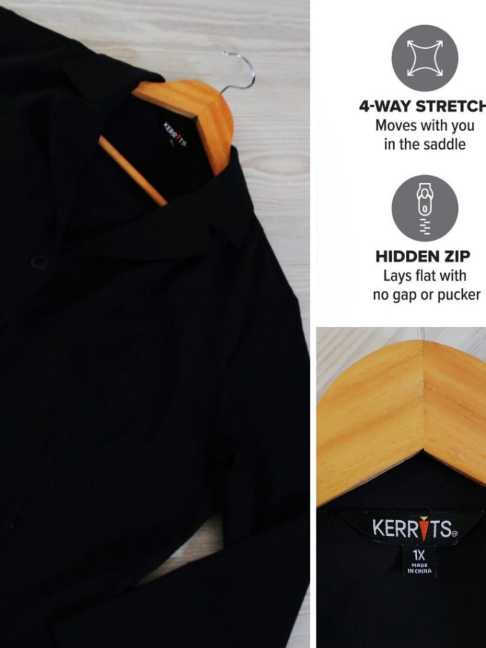KERRITS Stretch Competitor Show Coat Women's Black Hidden Zip 4-Snap Size 1X